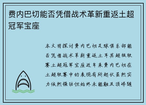 费内巴切能否凭借战术革新重返土超冠军宝座