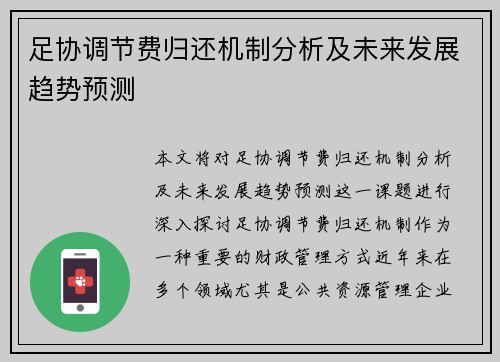 足协调节费归还机制分析及未来发展趋势预测