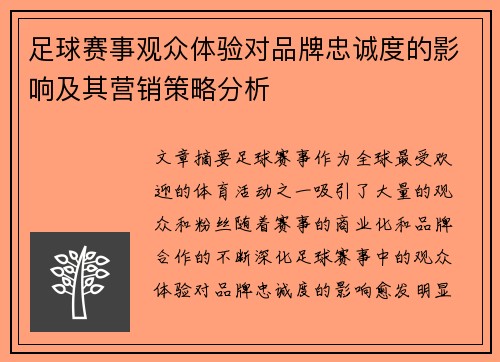 足球赛事观众体验对品牌忠诚度的影响及其营销策略分析